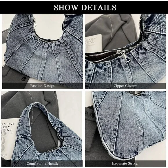Denim Hobo Tote Bag Women Zipper Closure Multi-Purpose Casual Fashion - Picture 4 of 7